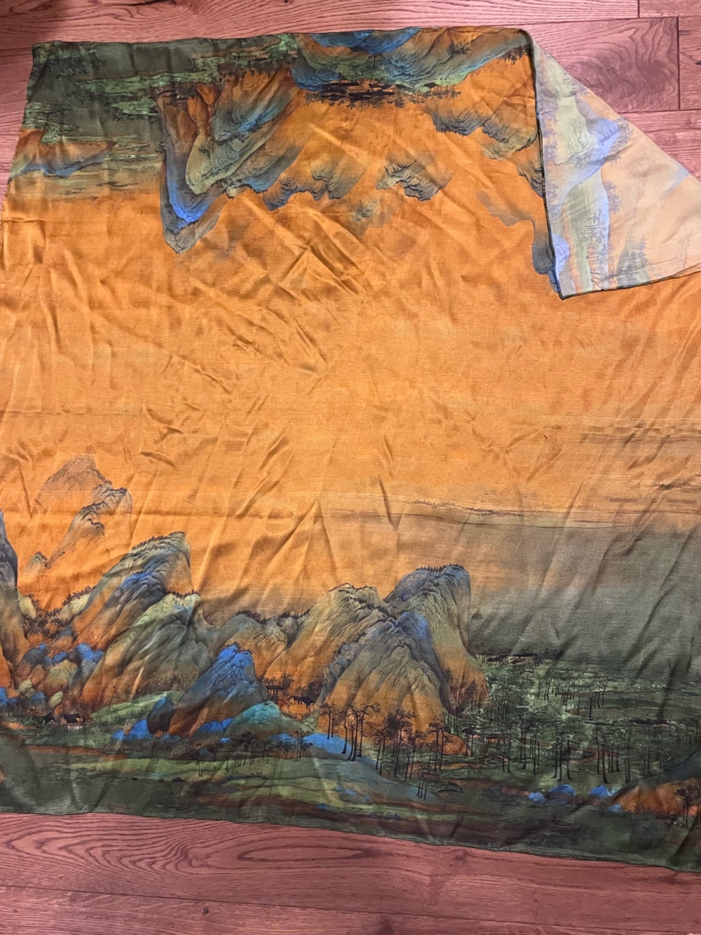 Golden Orange 100% Silk Chinese Scenic Print Square Scarf